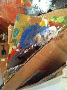Melissa likes to use squares of cardboard to mix her palette.  They're just as interesting as her works on canvas.