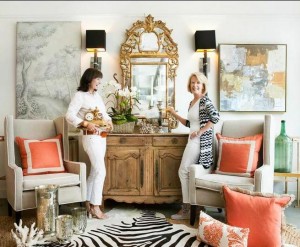 The perfect pairings of abstract and traditional art, gilded mirror with contemporary sconces, crusty console and leopard skin rug ... and another perfect pair (see below).