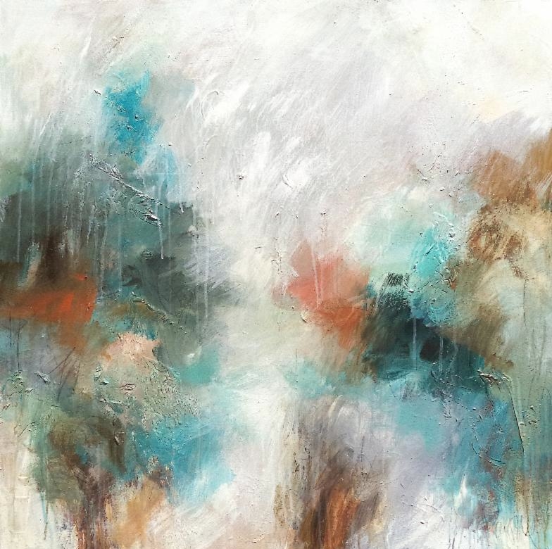 The rich blues, pale grays and touches of gold find themselves reincarnated as "Accueil" (mixed media on canvas, 36 x 36)