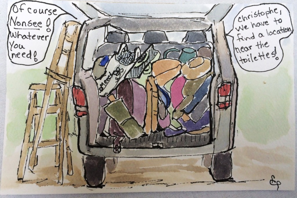 Christophe's trunk, packed to the gills with painters' paraphenalia!