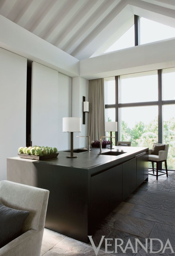 Strong and clean lines are Nancy's trademark like this gorgeous kitchen that's a symphony of contrast and texture. From Veranda.