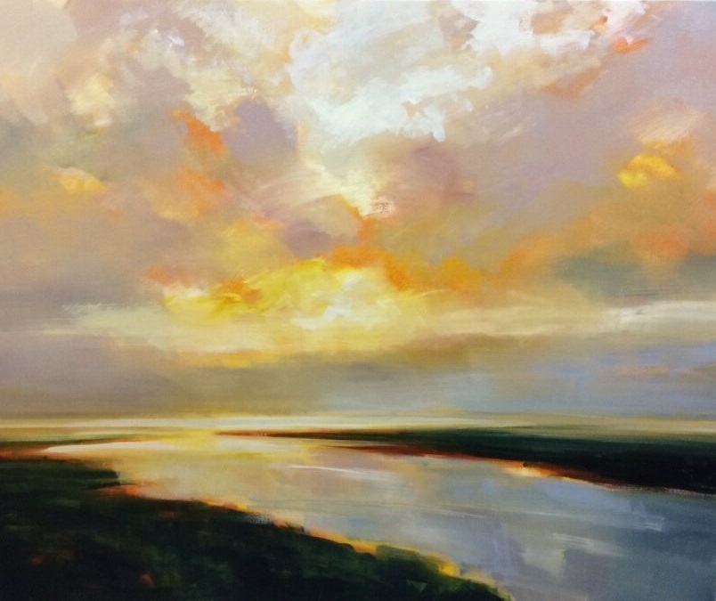 We love the hopefulness of Soft Channel Afterglow, 48 x 60, oil on canvas.