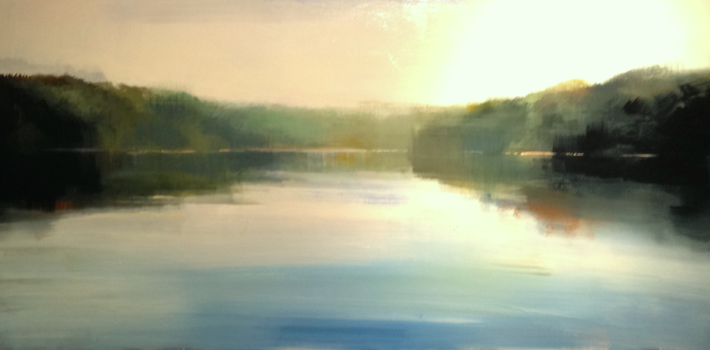 Soft, serene and mesmerizing. River Bend Reflection, 30 x 60, oil on canvas.