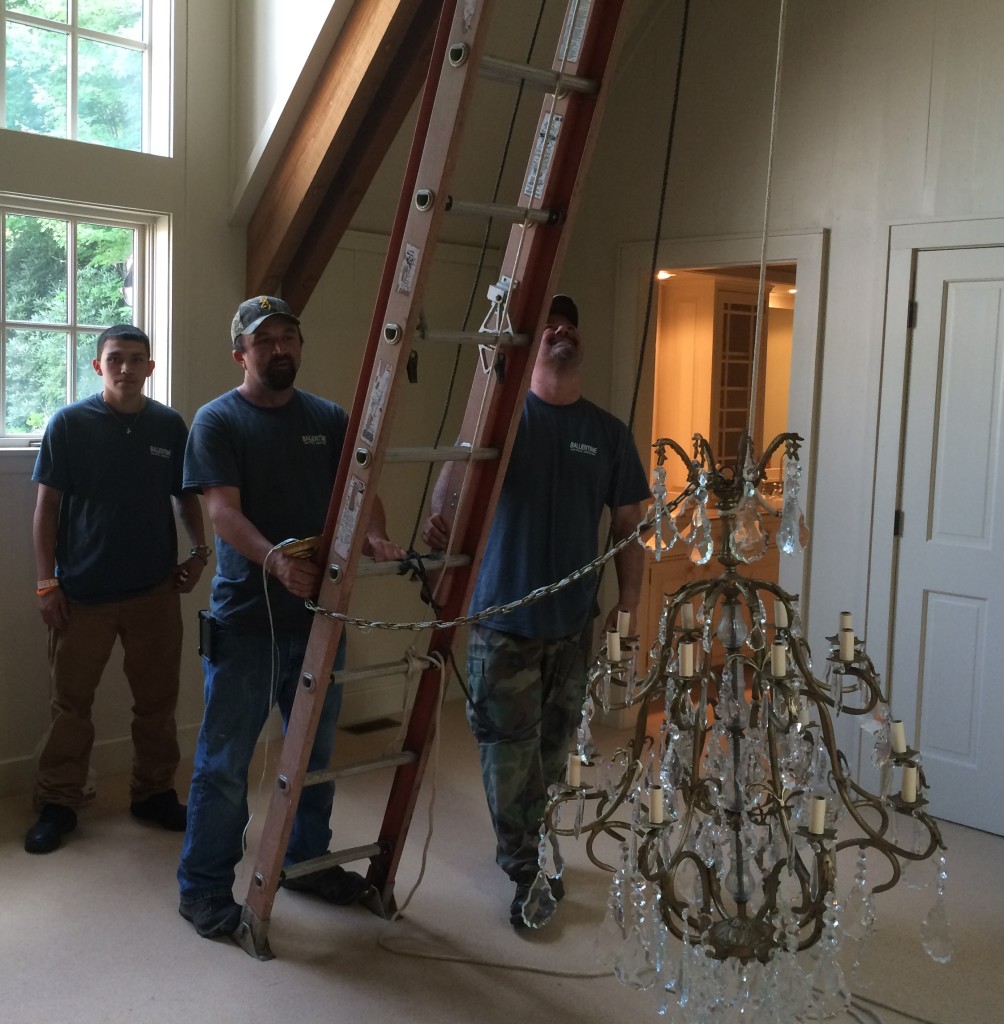 Hanging the chandelier was a logistical challenge.