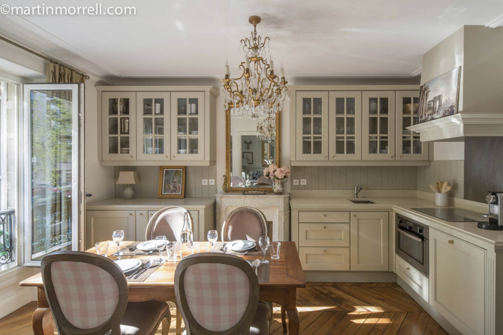 kitchen with pink chairs