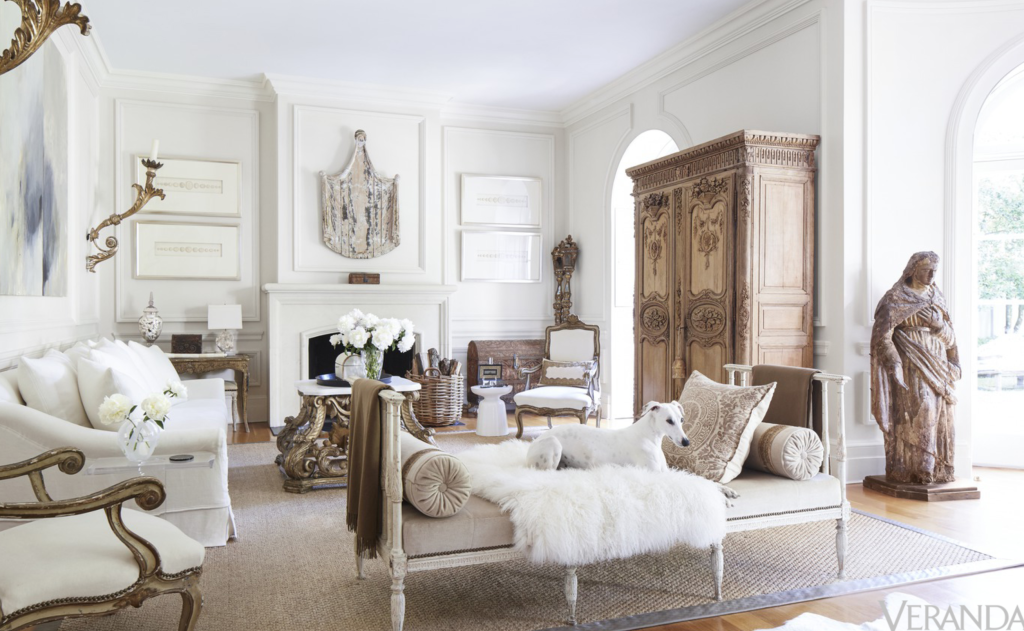 Tara Shaw's lovely living room: old, new, shiny, matte, modern and crunchy. From Veranda.
