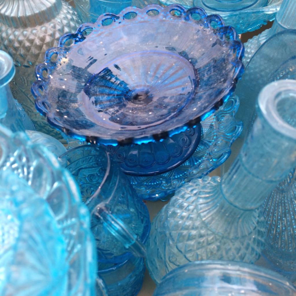 A gorgeous collection of pressed blue glass.
