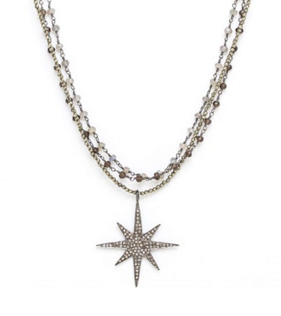 We're so glad Cindy got addicted to jewelry design. This is one of Meg's favorites. ("I wear just about every day layered up with several other of Cindy's pieces.") Pave diamond starburst pendant and a stunning triple stone chain with pyrite, laborite and smokey topaz.