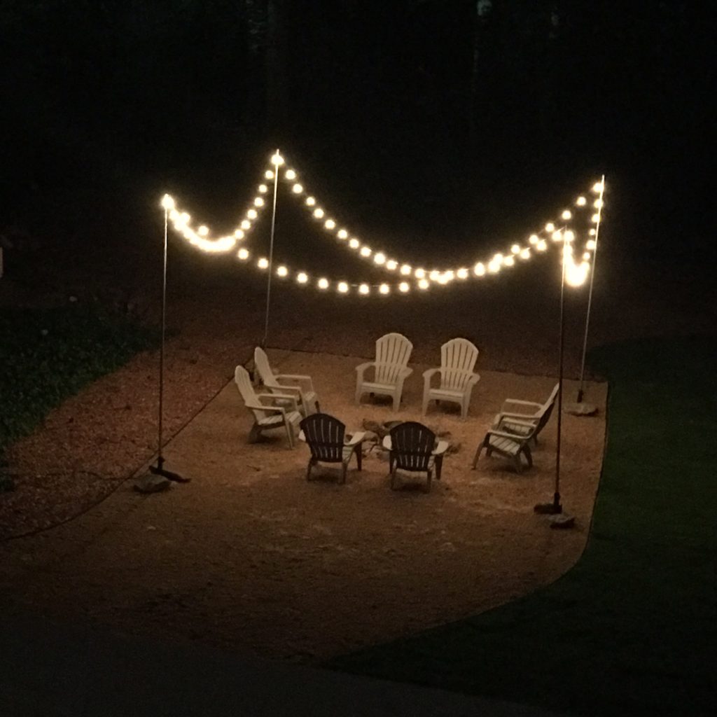 The new fire pit at night.