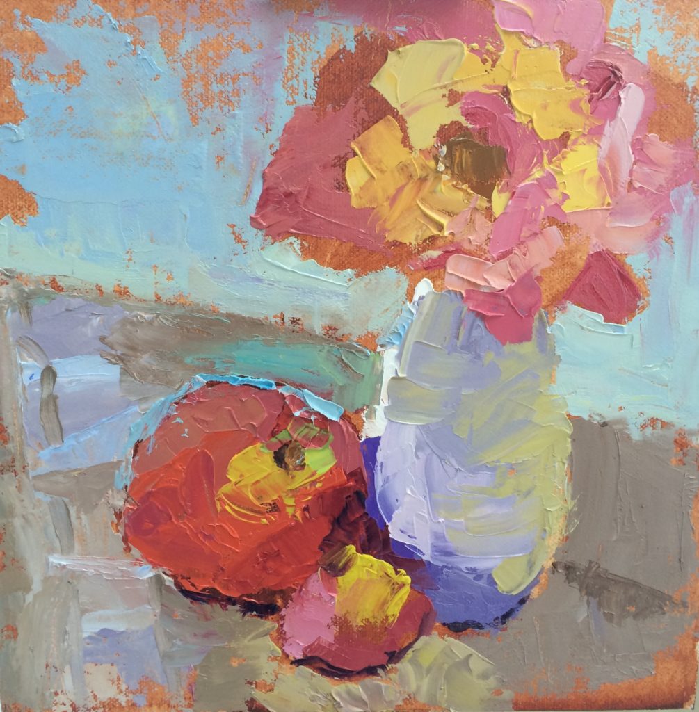 (And here is the beautiful result of the still-life set up, to which we all said, to the reluctant artist who had painted it, "DON'T TOUCH IT! IT'S PERFECT1"