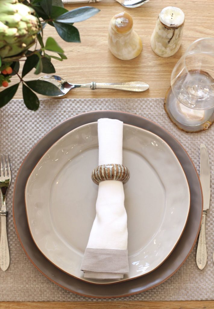 Skyros Designs china, Arte Italica flatware, bone shakers and agate coasters.