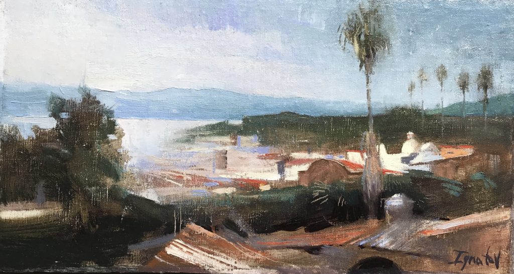 Visiting friends in Mexico, Ignat painted this from the roof of his house.Rooftops 6.5 x 12 $900 Huff Harrington